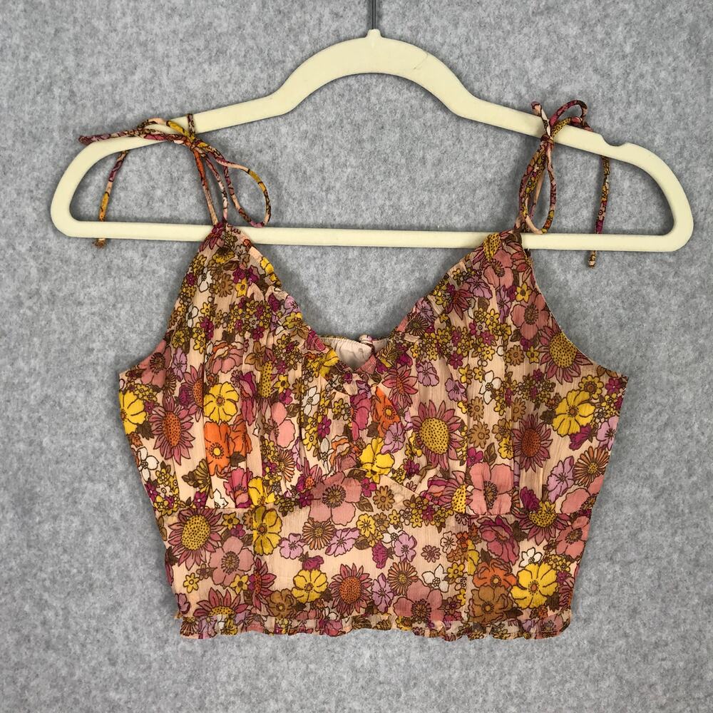 Patrons of Peace Crop Top Medium‎ Orange Tank Floral Ruffle Boho Western Tie Bow